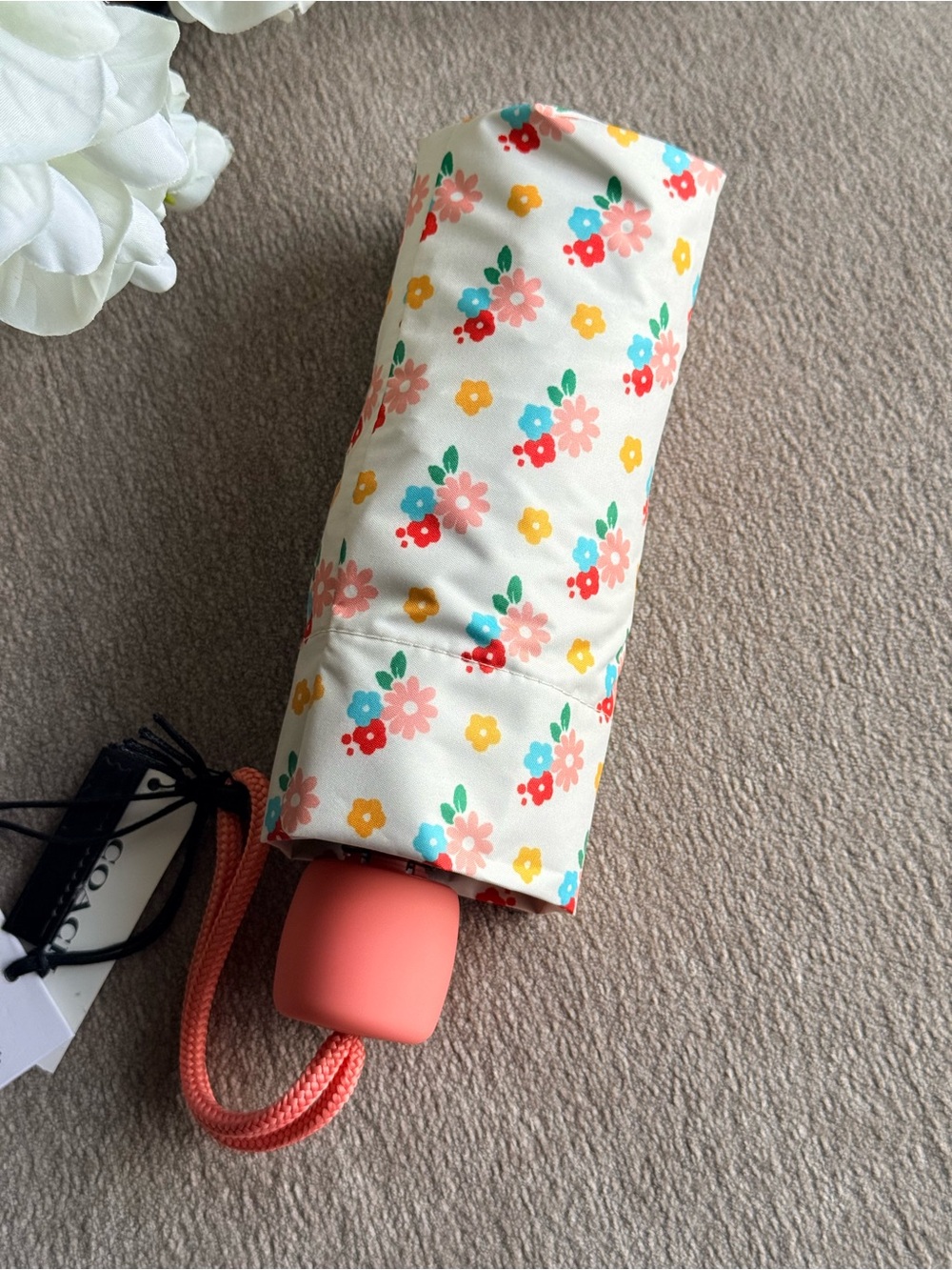 Coach Floral Compact Umbrella – Cream with Coral Handle - Picture 2 of 2